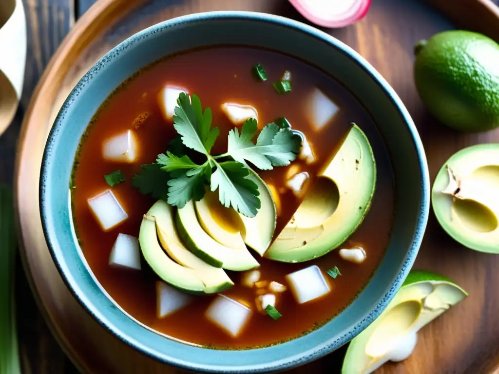 Un plato de pozole rojo humeante con ingredientes tradicionales mexicanos