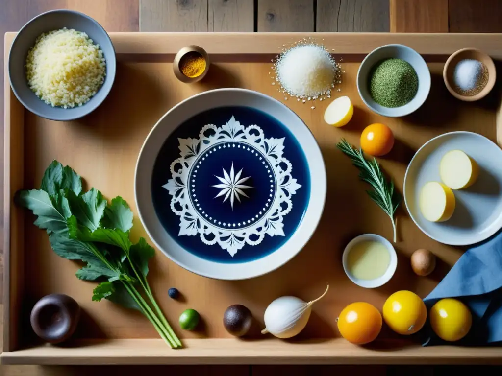 Platos de cocina estacional y rituales lunares en una cocina tradicional, capturando la armonía entre gastronomía y naturaleza