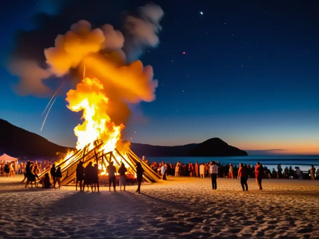 Una playa bulliciosa de noche, con una gran hoguera en el centro y personas realizando rituales de Noche de San Juan