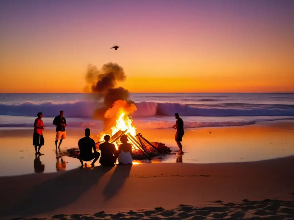 Playa española en la Noche de San Juan con rituales tradicionales y brillo de la fogata al atardecer