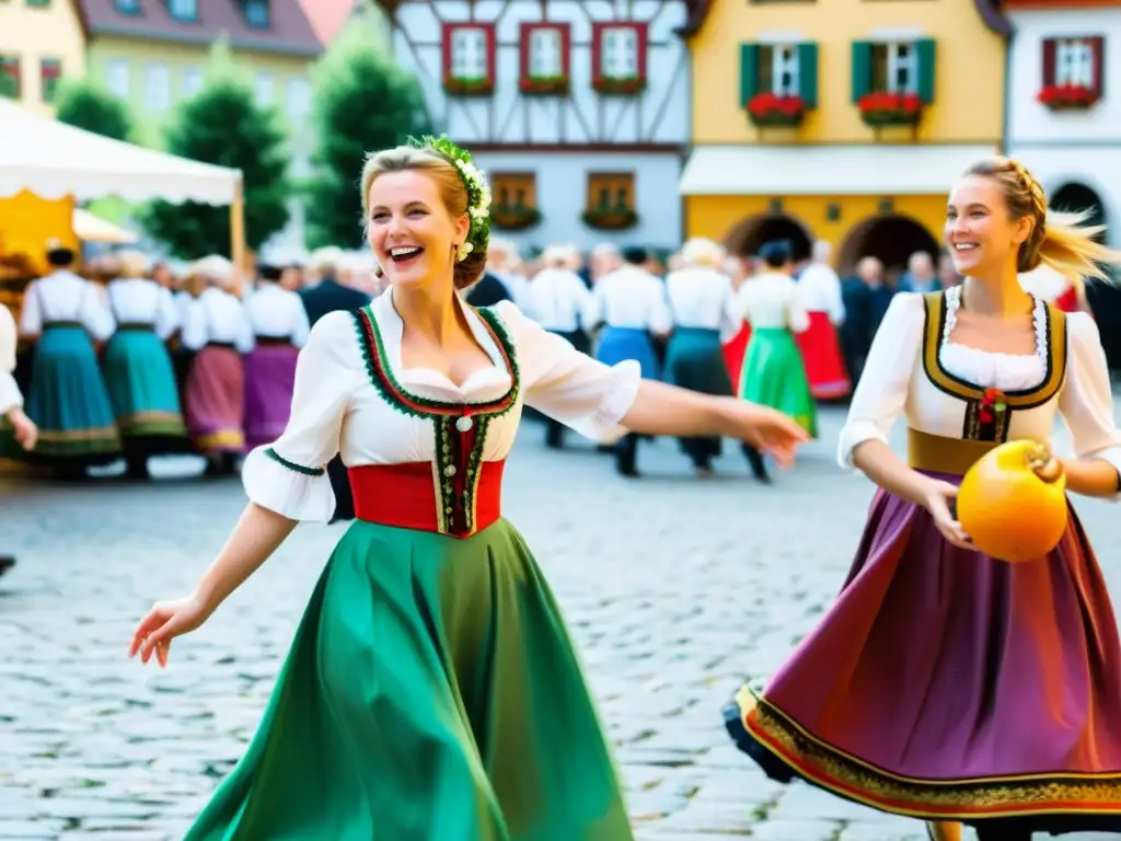 Plaza bulliciosa en Alemania, con trajes tradicionales, danzas folclóricas y festividad del Erntedankfest