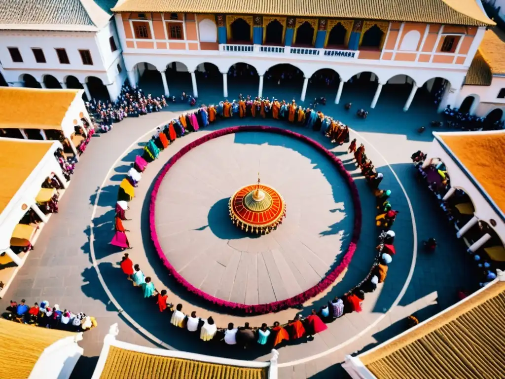 Una plaza de ciudad bulliciosa con gente de todas las edades y orígenes danzando en círculo, mostrando la preservación de rituales en redes