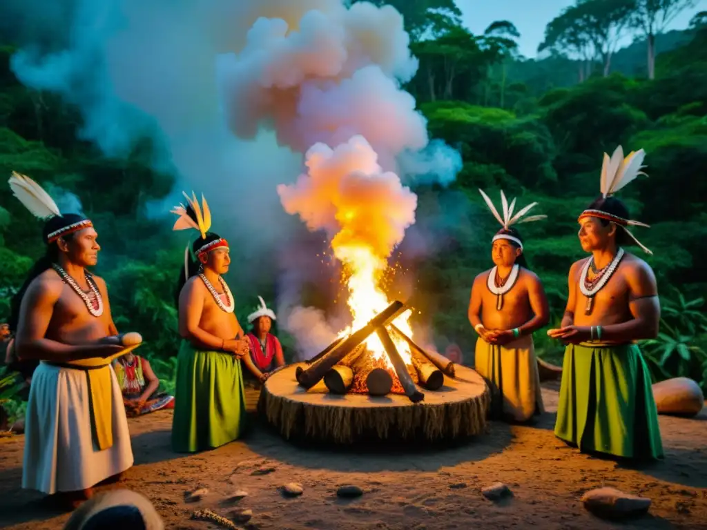 Una poderosa ceremonia ancestral en el bosque, donde los ancianos honran los elementos con antiguos rituales para equilibrar energías