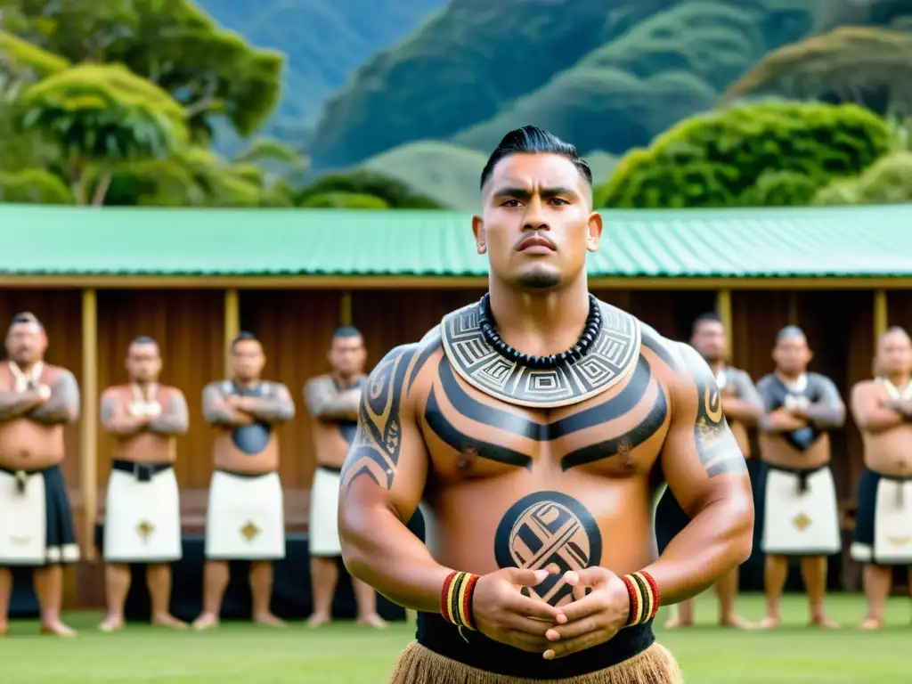 Un poderoso haka de bienvenida en una ceremonia Maorí en un marae