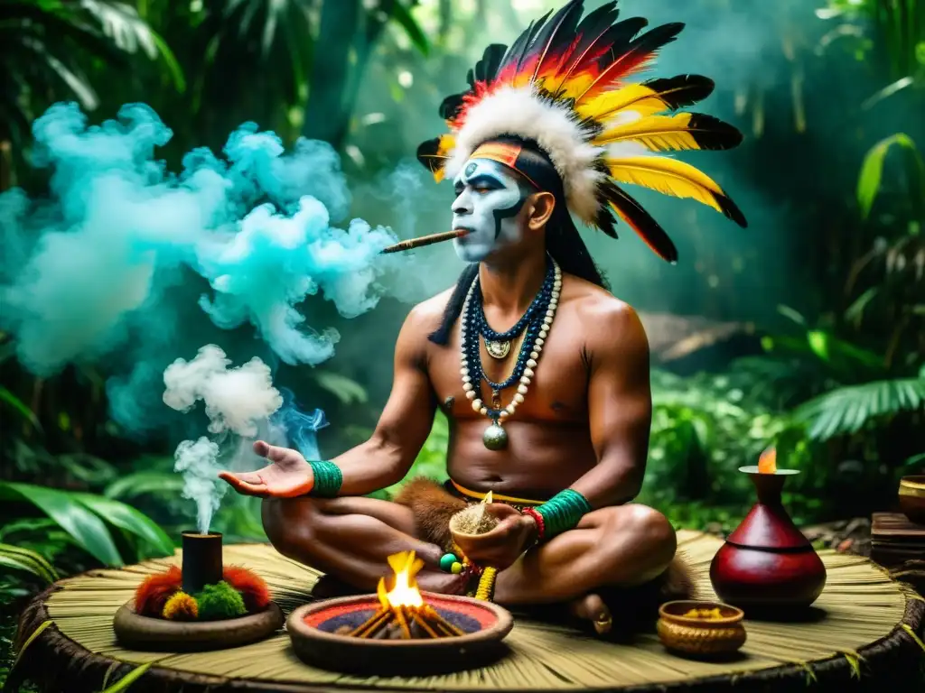 Un poderoso ritual chamánico en la selva amazónica, con elementos tradicionales y una conexión espiritual profunda