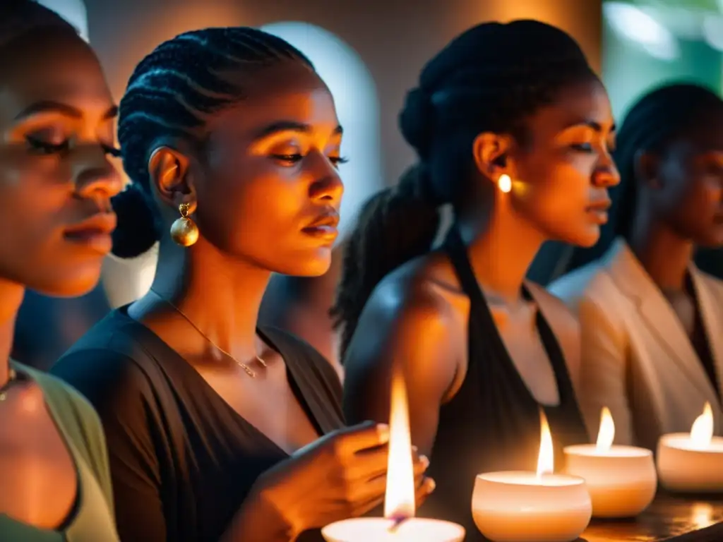 Un poderoso ritual de empoderamiento personal, con participantes diversificados envueltos en la luz de las velas