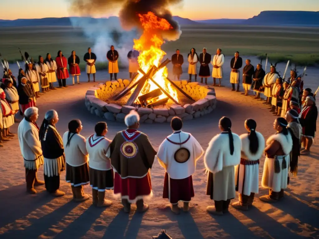 Un poderoso ritual de iniciación en las llanuras norteamericanas durante un Sun Dance, con ancianos y jóvenes reunidos alrededor del fuego