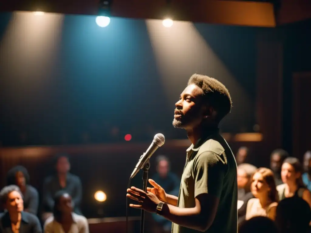 Un poeta en el escenario, iluminado por un foco, cautiva a un público con su spoken word