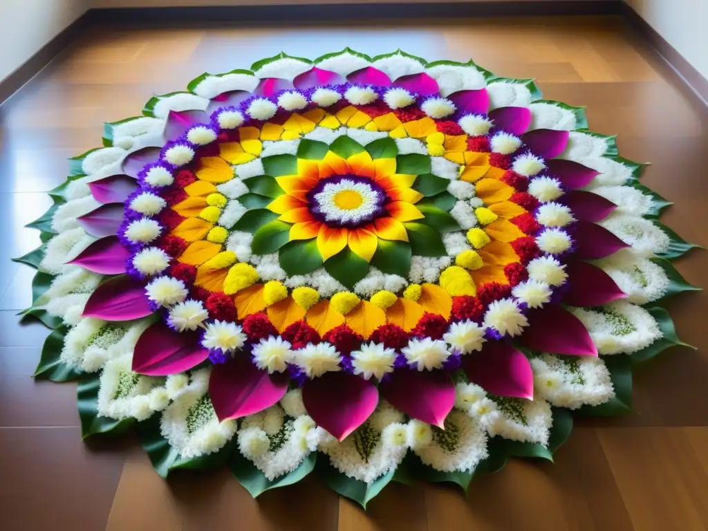 El pookalam de Onam deslumbra con sus colores y patrones florales, iluminado por el sol