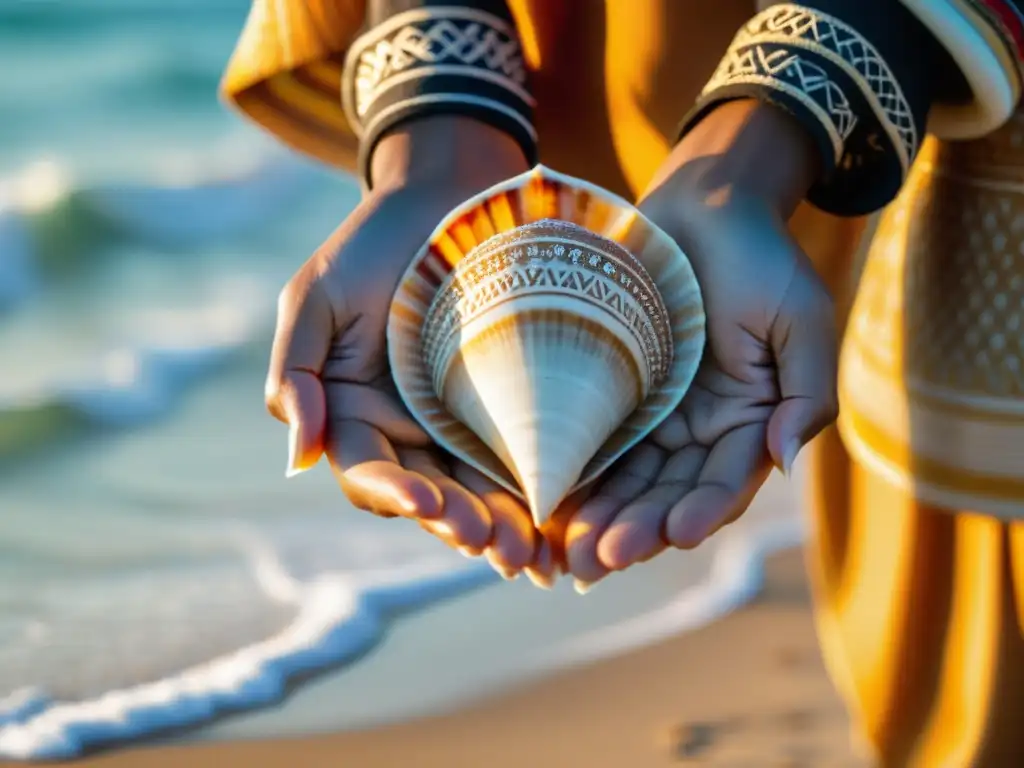 Un practicante sostiene un hermoso caracol adornado en la playa, evocando significado caracoles ritos marítimos con simbolismo y reverencia