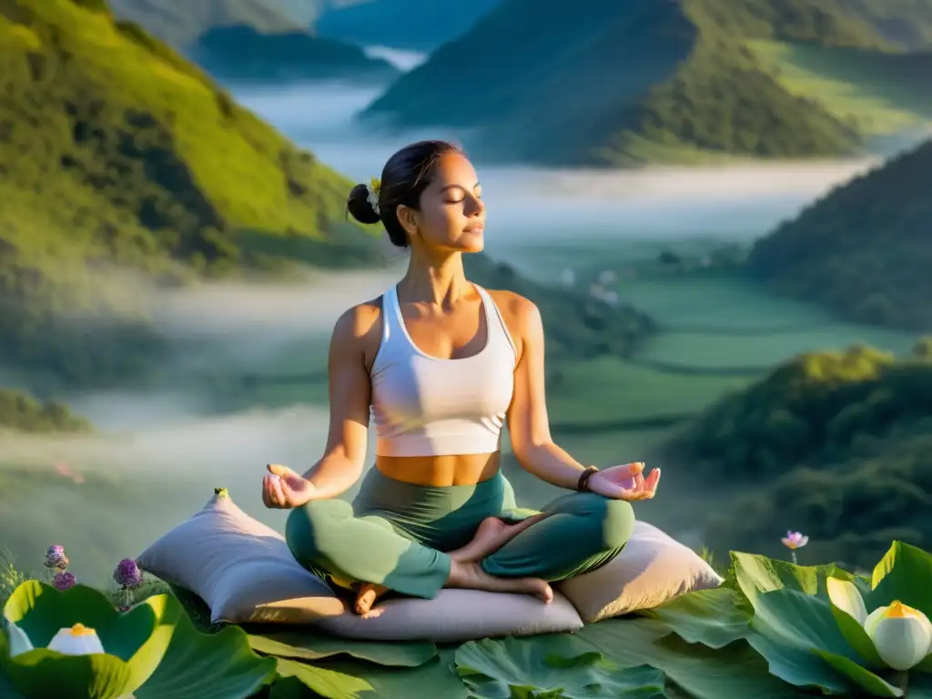 Practicante de yoga en loto en la cima de la montaña al amanecer, rodeado de ofrendas y una atmósfera tranquila