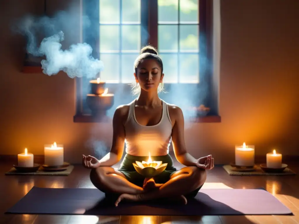 Practicante de yoga en loto, meditando en luz dorada, ambiente sereno con incienso y altar