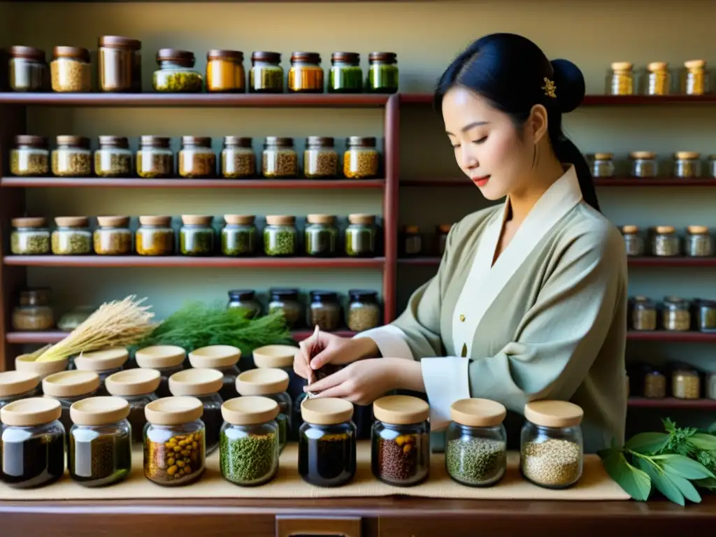 Un practicante de medicina china selecciona hierbas naturales en un entorno sereno y tradicional