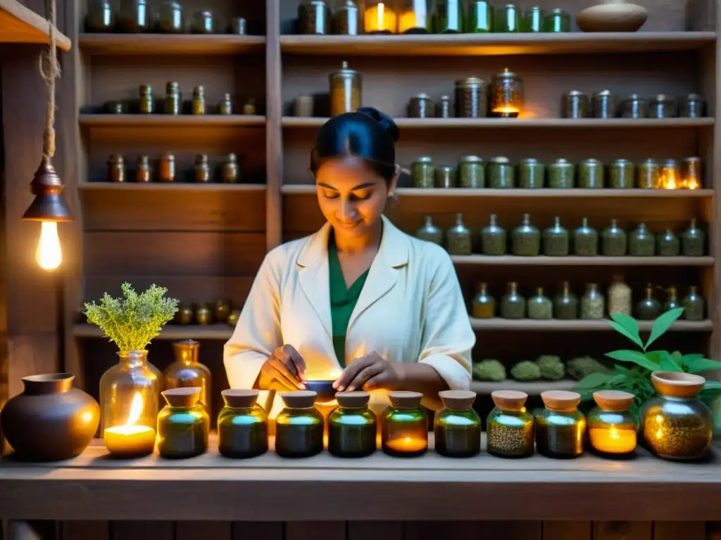 Maestro ayurvédico elaborando remedios herbales Un practicante de Ayurveda prepara medicinas herbales en una apotecaría rústica