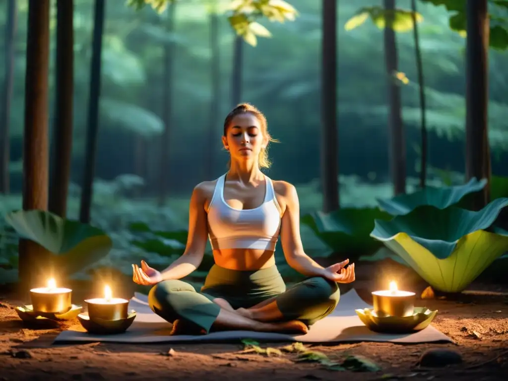 Practicante de yoga en meditación profunda en el bosque con velas y incienso, creando un ambiente de serenidad y sanación