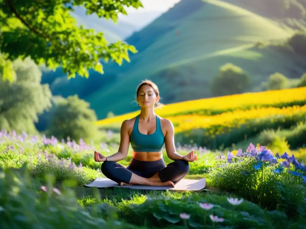 Practicante de yoga en loto disfruta de la serenidad en la naturaleza, rodeado de flores silvestres