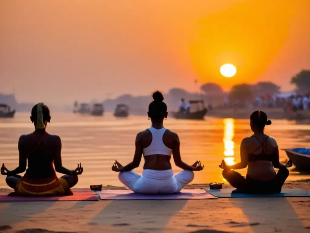 Practicantes de yoga hindú realizan posturas al amanecer en las orillas del río Ganges en Varanasi, India