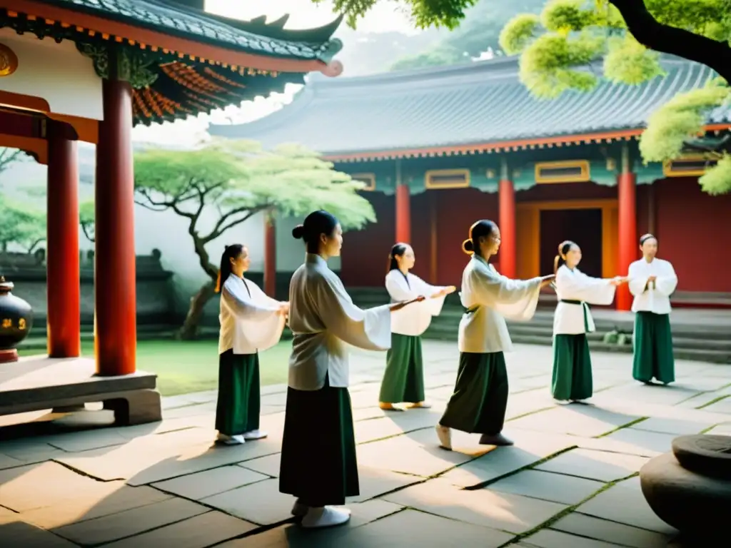 Practicantes realizan Técnicas Taoístas de Qi Gong en un sereno templo, rodeados de arquitectura tradicional y vegetación exuberante