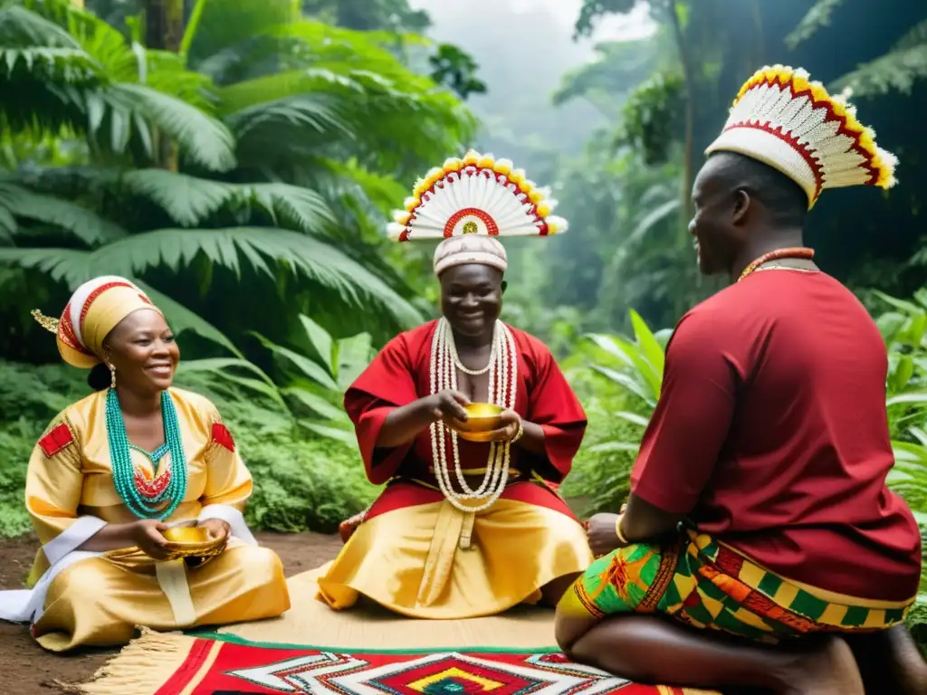 Prácticas ancestrales rituales fertilidad Yoruba: Grupo en ritual de fertilidad en exuberante bosque, atuendos coloridos y espiritualidad