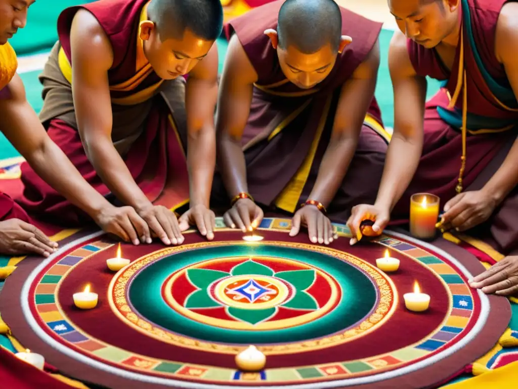 Monjes tibetanos crean mandala de arena con precisión Prácticas devocionales únicas alrededor de la creación de un mandala de arena por monjes tibetanos en saffron robes