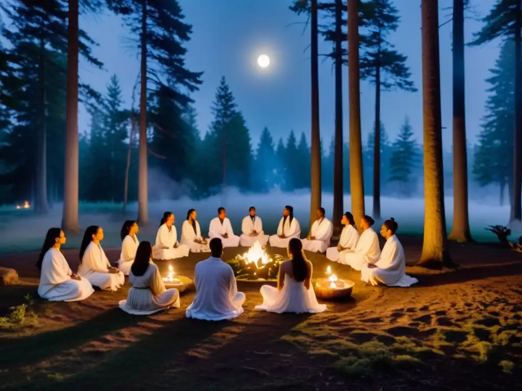 Prácticas espirituales en luna llena: Grupo en ritual con velas y incienso en un claro del bosque bajo la luz de la luna llena