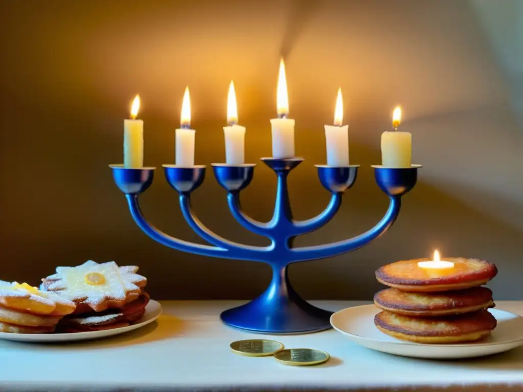 Prácticas festivas de Hanukkah: Mesa decorada con menora iluminada, platillos tradicionales y ambiente acogedor de celebración familiar