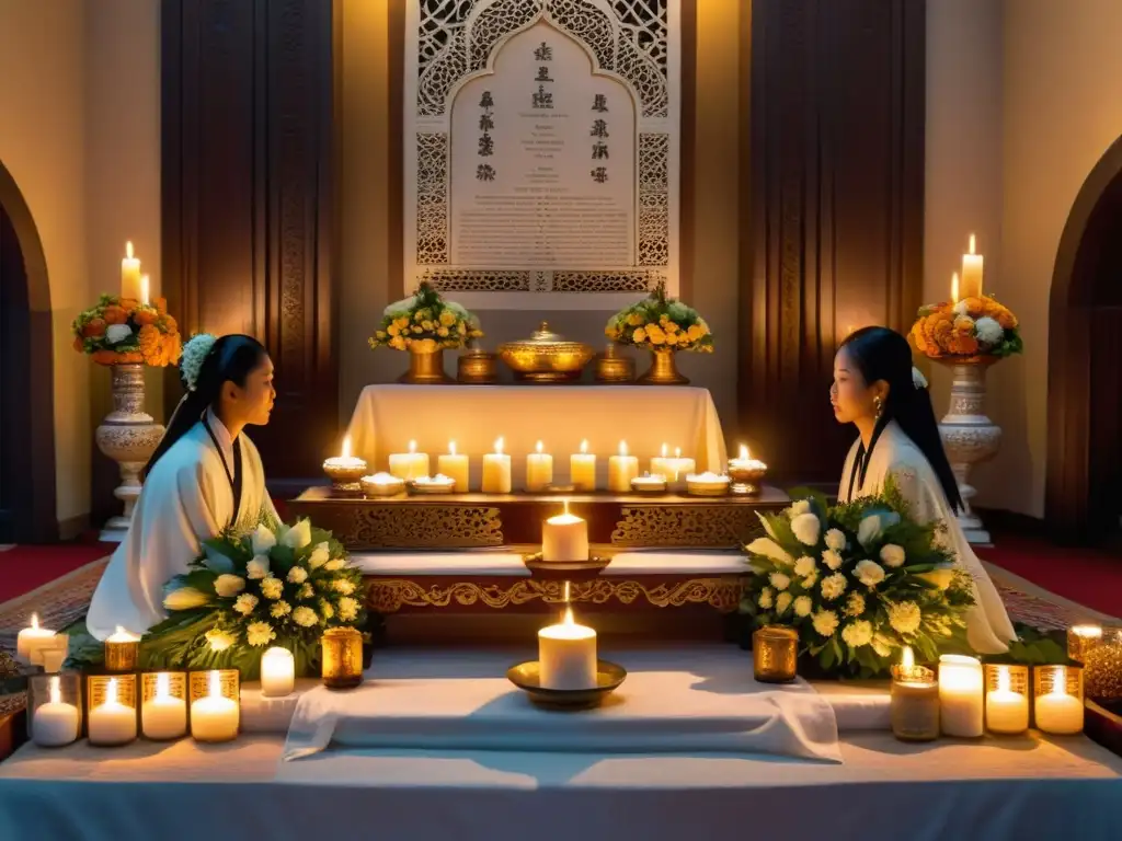 Prácticas funerarias conmovedoras mundo: Grupo en luto ofrece tributo ancestral en altar ornamentado, bajo cálida luz de velas