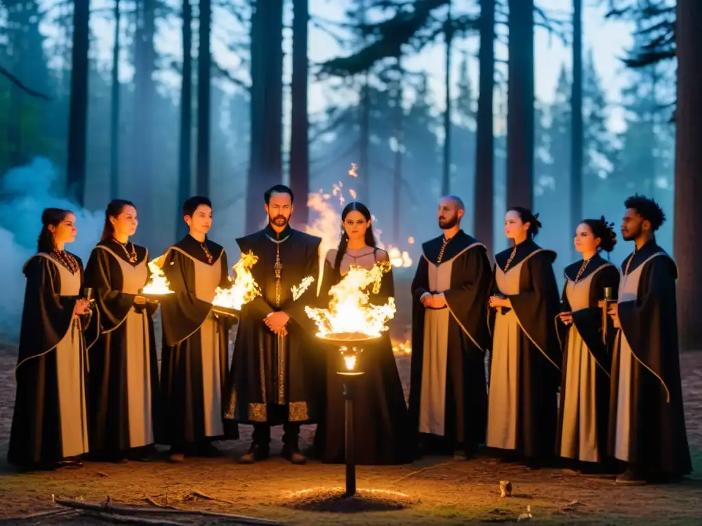 Prácticas neopaganas en comunidades góticas: Grupo gótico en ritual neopagano en el bosque, iluminado por antorchas