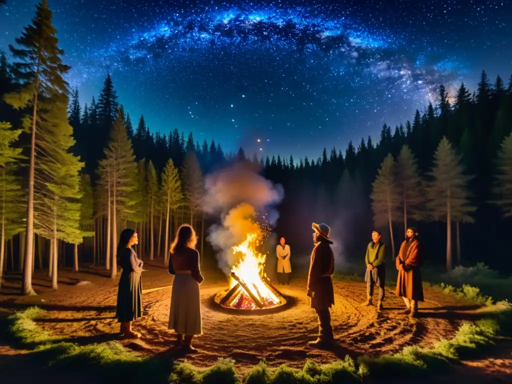 Prácticas paganas rituales naturaleza: Grupo en ceremonia alrededor de fogata en el bosque bajo la luna llena