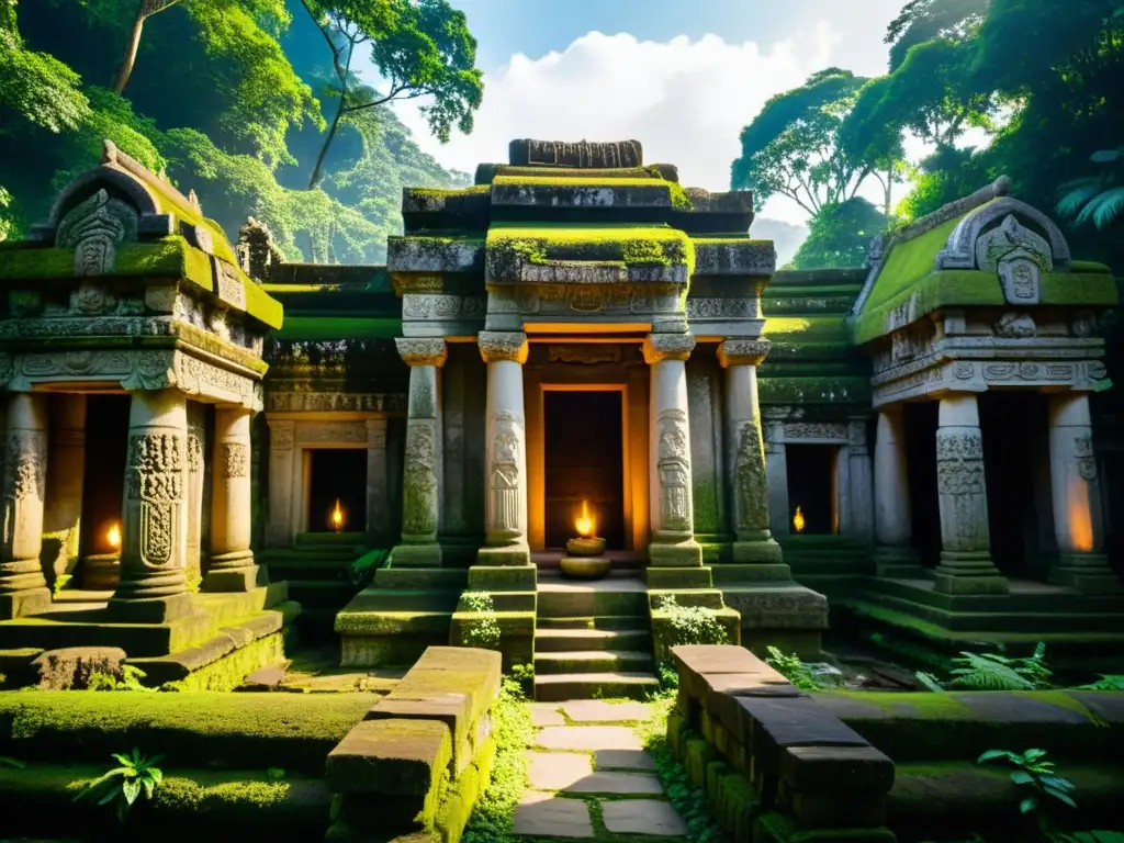 Prácticas rituales de adoración deidades: Templo antiguo en selva exuberante con adoradores modernos honrando legado ritual