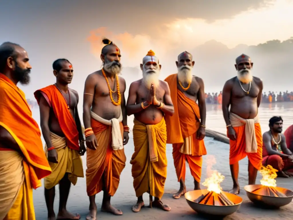 Rituales sagrados junto al Ganges: Sabiduría y devoción Prácticas rituales de los Sadhus hindúes en el río Ganges, envueltos en humo de incienso mientras realizan una ceremonia de fuego