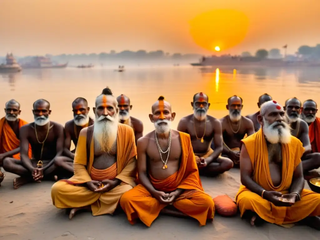 Rituales sagrados: Sadhus en meditación junto al río Ganges Prácticas rituales de los Sadhus hindúes en Varanasi, India: meditación junto al río Ganges, rodeados de humo de incienso y ofrendas sagradas