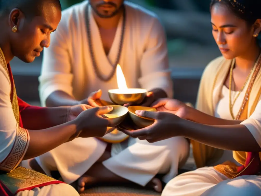 Prácticas rituales mantras oraciones: Grupo en círculo, ojos cerrados, meditando con serenidad y luz de velas