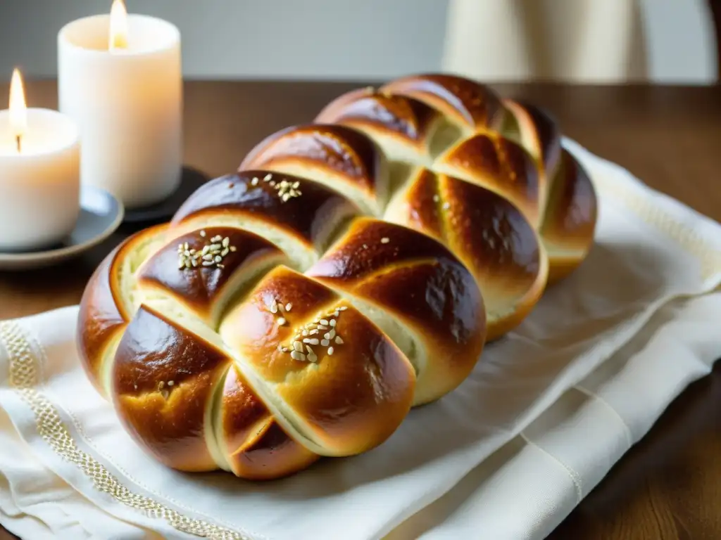 Un precioso pan trenzado challah, adornado con semillas de sésamo y colocado en una mesa de Shabbat tradicional