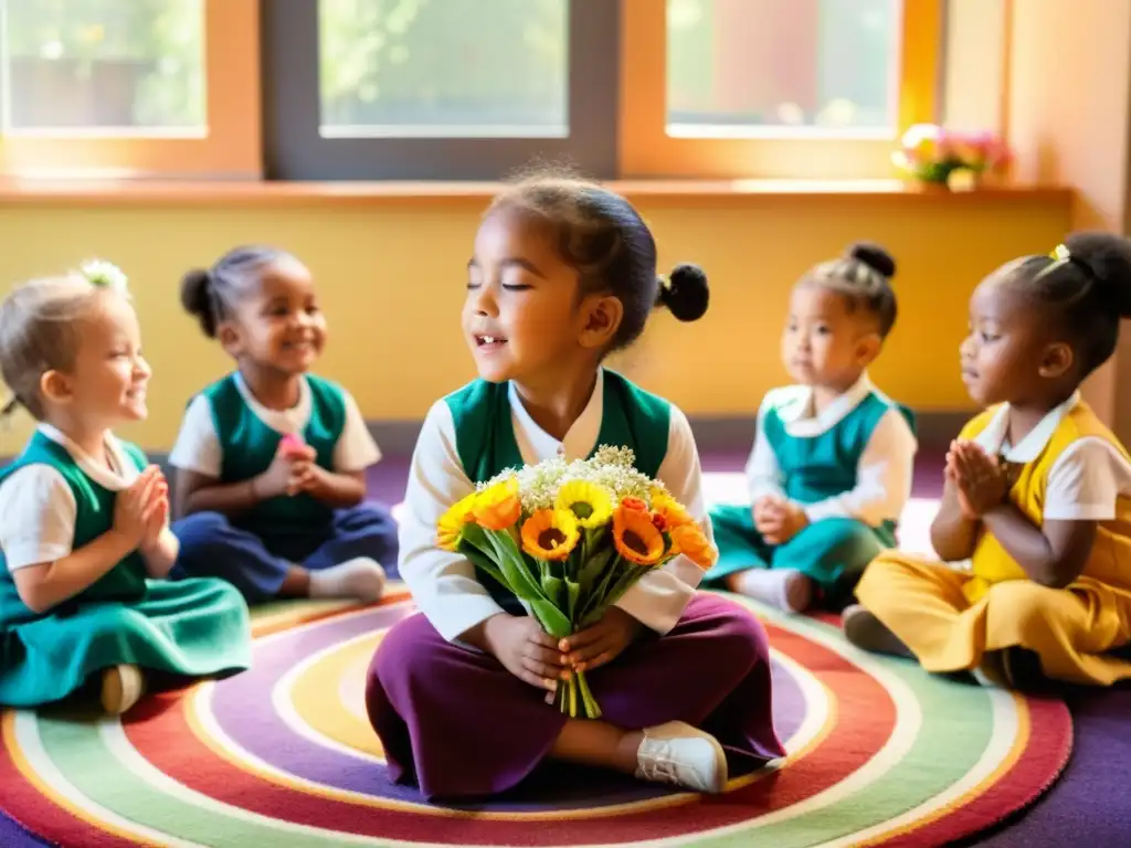 Preescolares disfrutan de rituales sensoriales con flores en círculo de colores