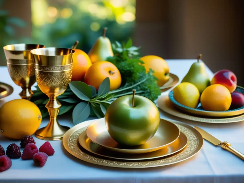 Preparación de comidas para rituales religiosos con platos dorados, frutas frescas y figuras ceremoniales en un ambiente solemne y vibrante