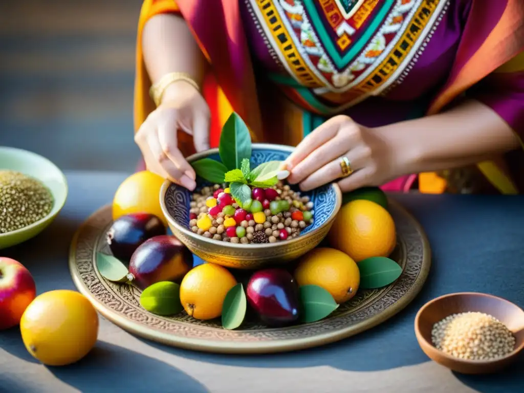 Preparación de platos tradicionales rituales de fertilidad con ingredientes coloridos y vibrantes, en un patrón culturalmente significativo