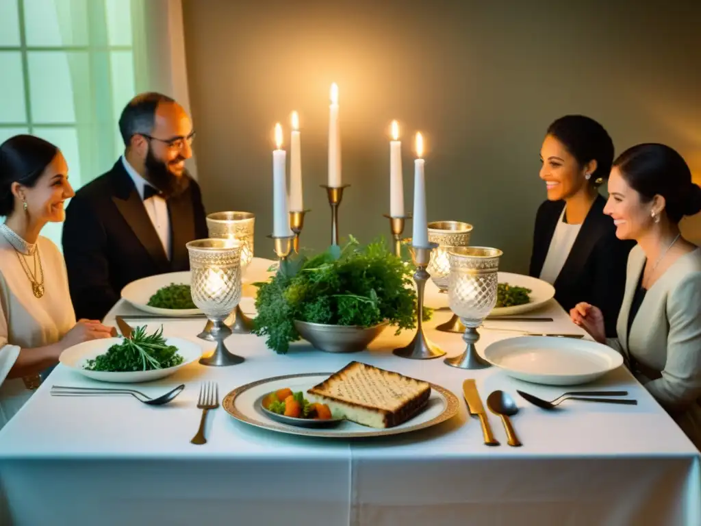 Preparativos para Pesaj: mesa festiva iluminada por velas, familia reunida, ambiente cálido y tradición significativa