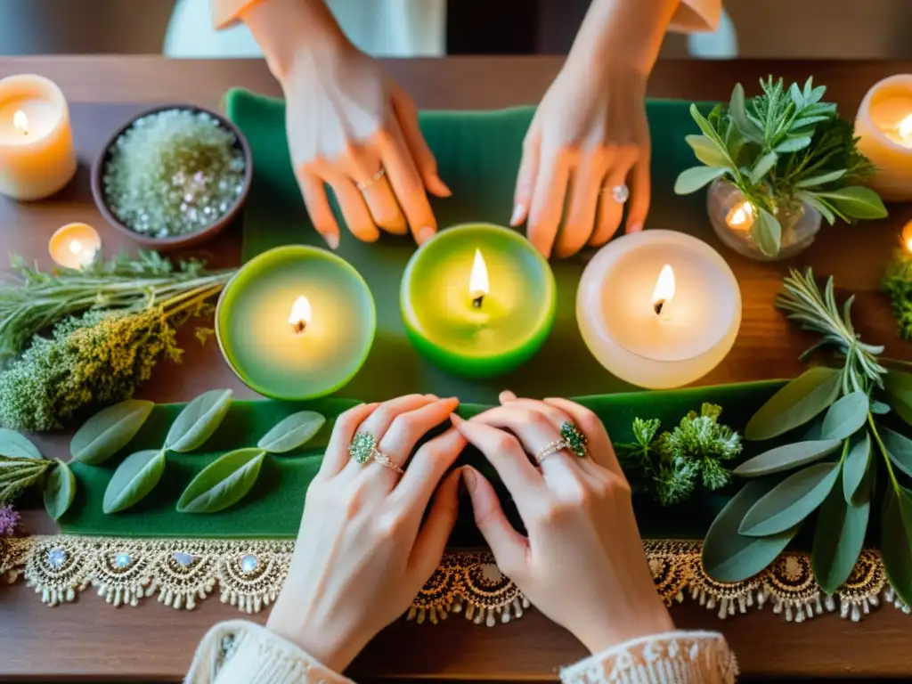 Preparativos para rituales de abundancia con velas verdes en un ambiente sereno y místico