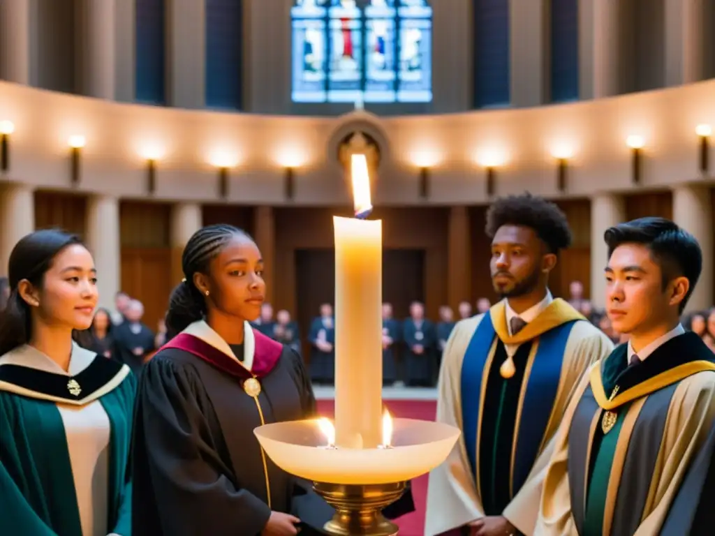 El presidente de la universidad enciende una vela en el ritual de inauguración del año académico, envuelto en solemnidad y tradición universitaria