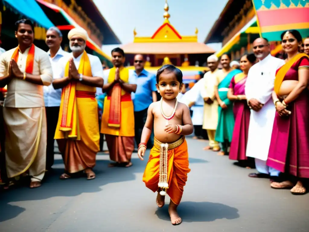 Niño hindú da sus primeros pasos en el Ritual de Nishkramana, rodeado de familia y sacerdotes en un animado mercado indio