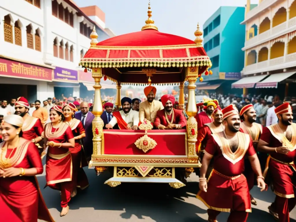 Una procesión de boda india llena de color y tradición, con un palanquín decorado y una novia vestida en rojo y oro