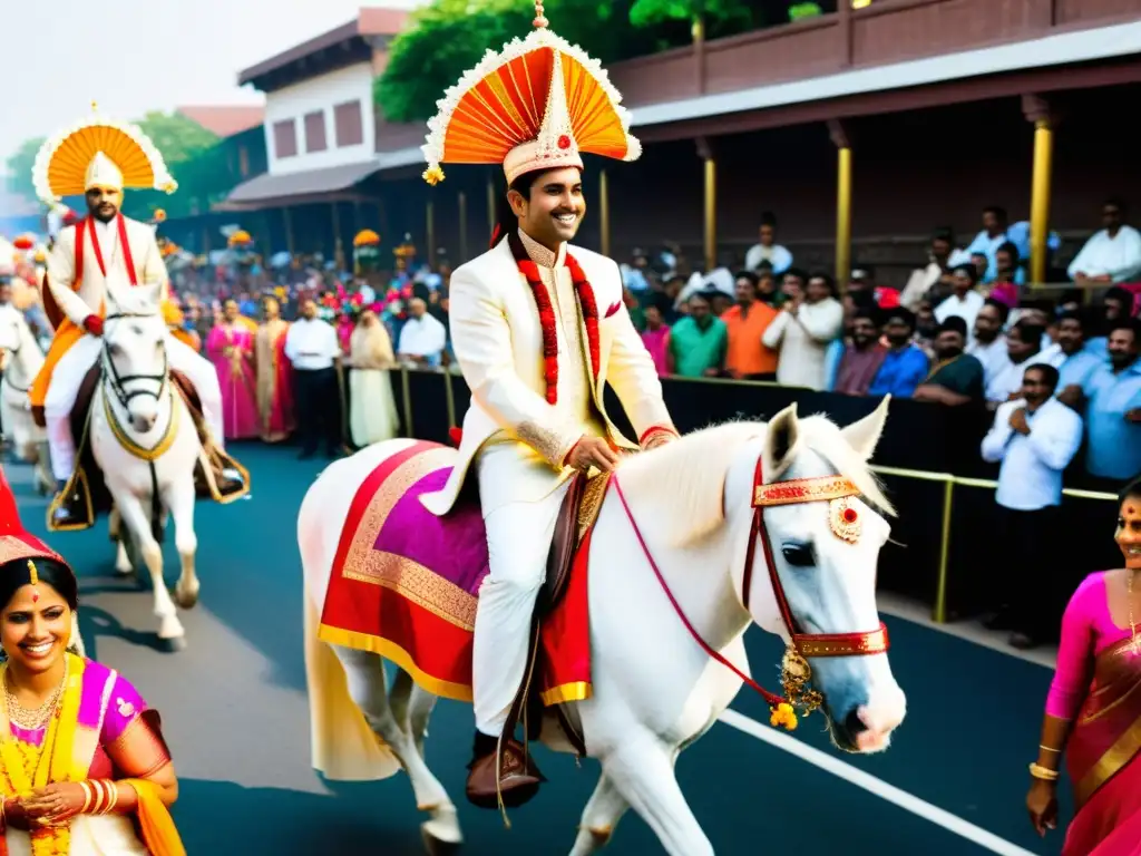 Una procesión de boda tradicional india, la novia y el novio montan un caballo blanco ricamente decorado, rodeados de una alegre comitiva de familiares y amigos