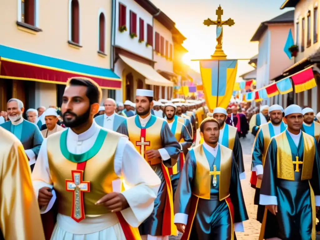 Una procesión religiosa tradicional en un pueblo, con participantes vestidos de manera histórica y estatuas de santos