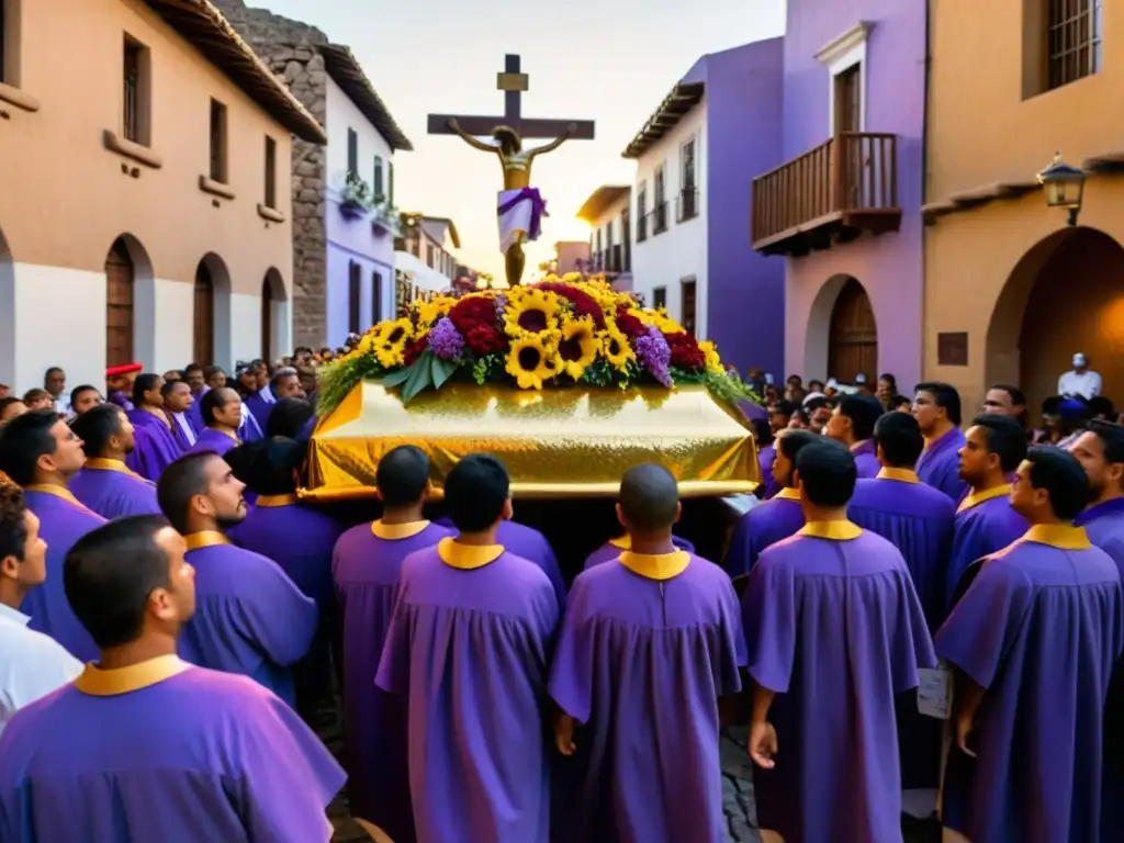 Procesión religiosa al atardecer en pueblo centroamericano Una procesión solemne recorre las calles empedradas de un pueblo histórico en Hispanoamérica