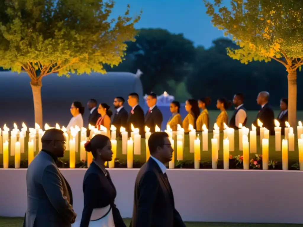 Una procesión solemne se dirige hacia un hermoso sitio conmemorativo, iluminado por el cálido atardecer