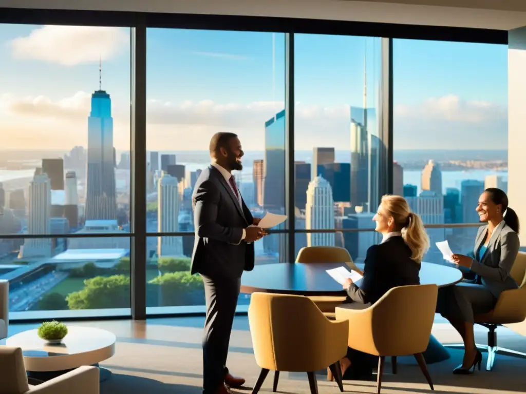 Profesionales en evento de networking, intercambiando tarjetas y haciendo conexiones en una sala con vista a la ciudad