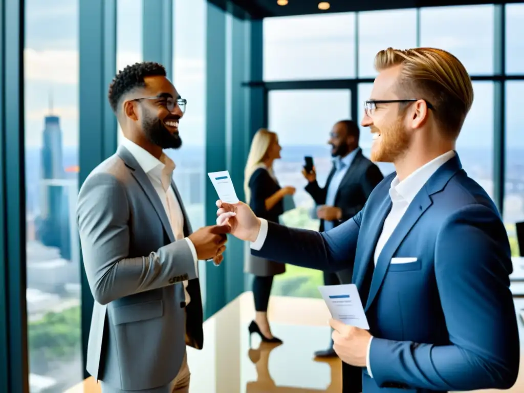 Profesionales en evento de networking, intercambiando tarjetas en una sala moderna con vista a la ciudad