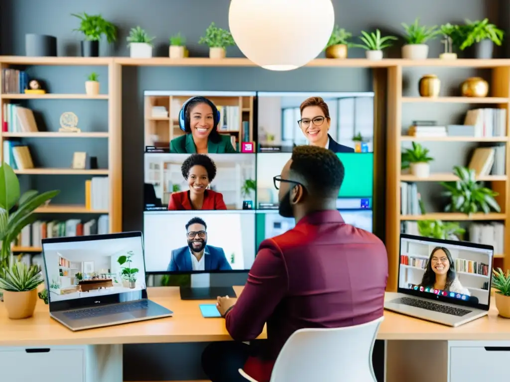 Profesionales conversan apasionadamente en un evento virtual, reflejando la diversidad y dinamismo de los 'rituales de conexión en línea'