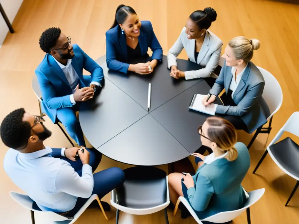 Profesionales participan en un taller de liderazgo, fomentando la comunicación y colaboración en un espacio moderno y bien iluminado